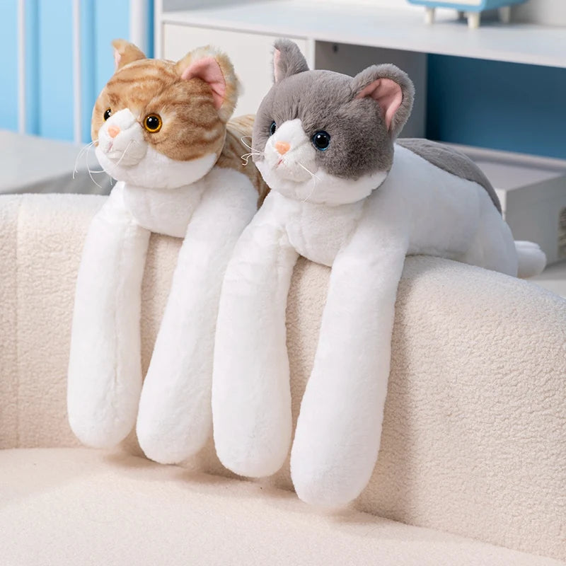Weighted Long Arm Cat Plush – Soft Striped Pillow & Home Decor Gift