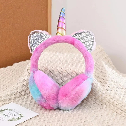 Sensory Sparkle Unicorn Warm Earmuff Hat for Kids – Plush Winter Warm with Sequins & Cat Ears